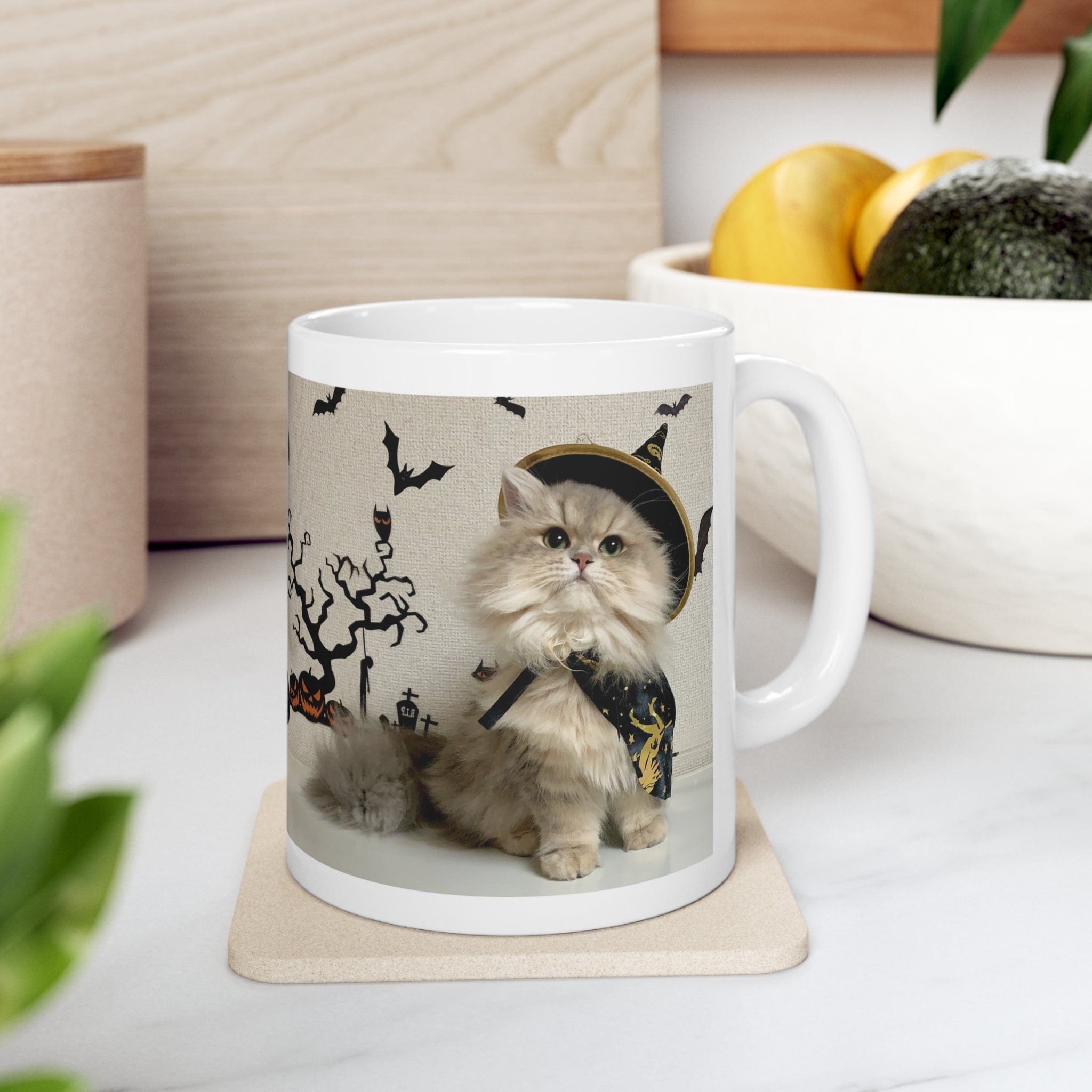 Printify Mug 11oz Coffee Mug, Halloween Coffee Mug, Cat in Witch Costume Mug, Halloween Gift, Birthday Gift, Friend Gift, White 11oz Ceramic 18750004720538585309